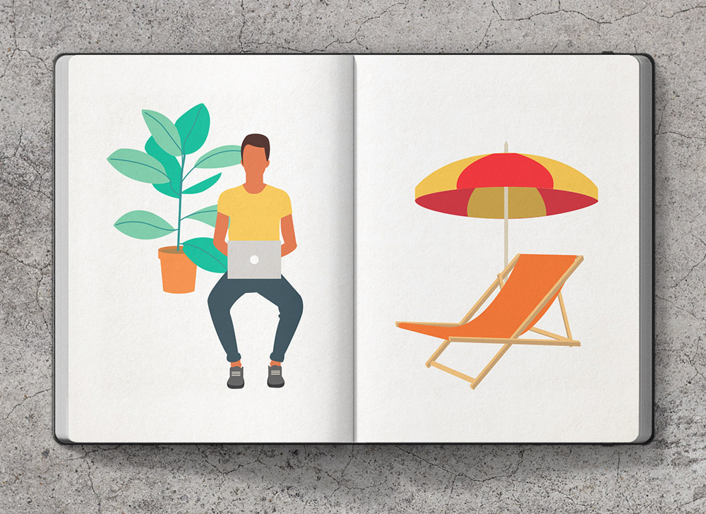 Illustration Details, Mann am Laptop, Urlaub mit Strandstuhl und Sonnenschirm - Website Icon Design, Kommunikationsdesign, Grafikdesign und Logodesign von Grafiker und Illustrator Markus Wülbern